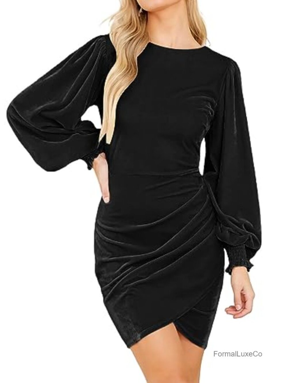 Womens Velvet Bodycon Mini Dress Long Sleeve Puff Sleeve Ruched Wrap Cocktail